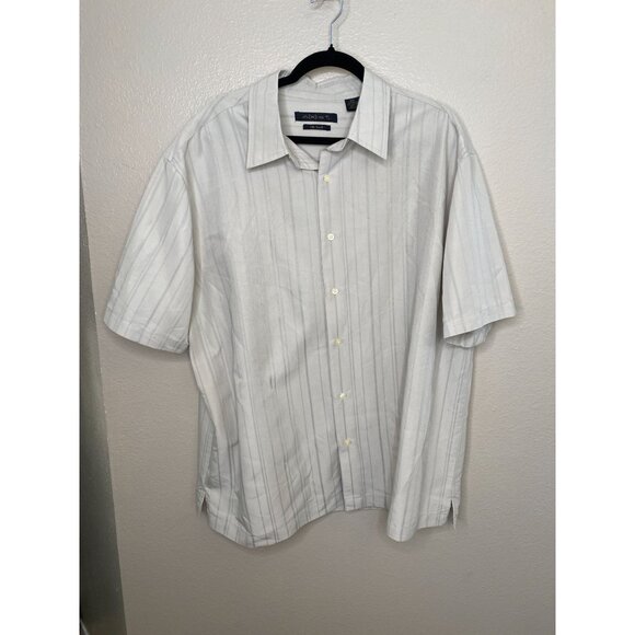 Axist Mens Silk Touch Short Sleeve Button-Up Shirt XXL Beige Striped Rayon - Picture 1 of 6